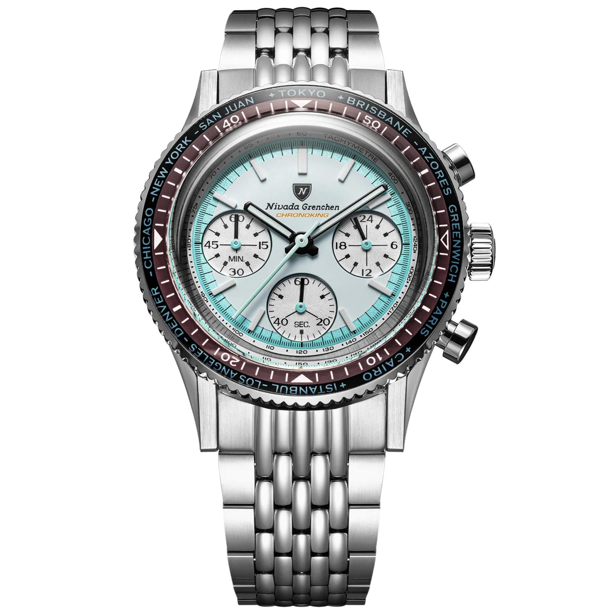 Nivada Grenchen Chronoking 87056Q04 with a stainless steel link bracelet, featuring a white dial with light blue accents, a black and red bezel, and luminous hands