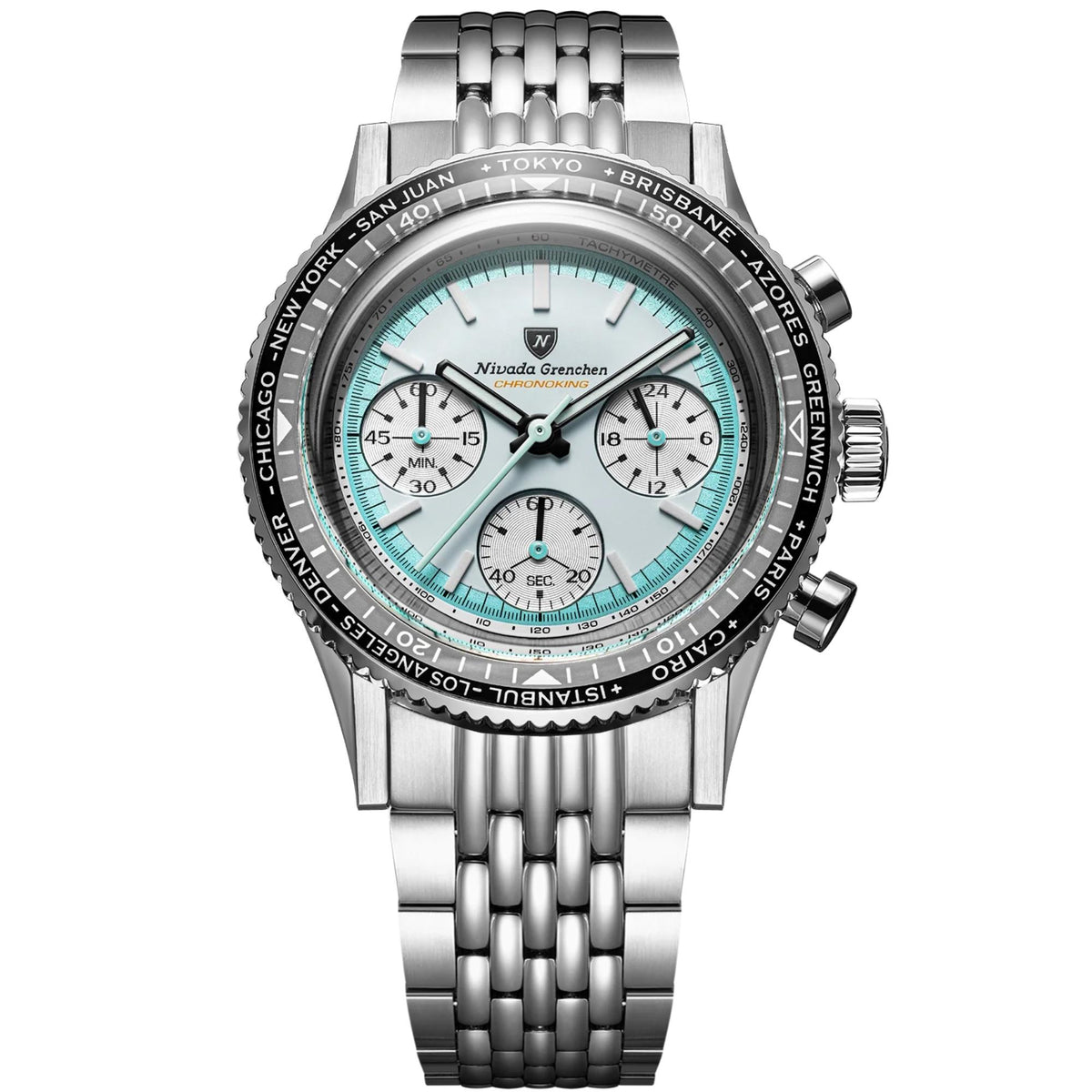 Nivada Grenchen Chronoking 87056Q04 stainless steel bracelet, a black rotating bezel with white city names, and a white dial with three subdials