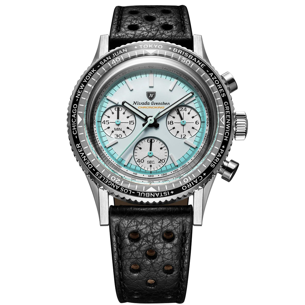 Studio shot of the white-dial Nivada Grenchen Chronoking watch with a black leather racing strap