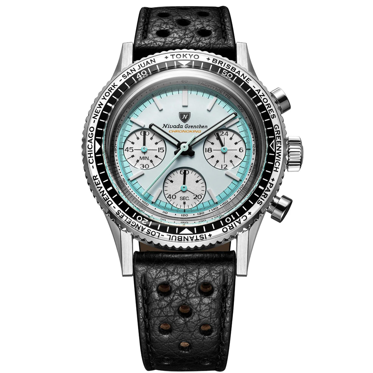 Nivada Grenchen Chronoking watch with a stainless steel case, a black textured leather strap, and a white dial with black bezel markings
