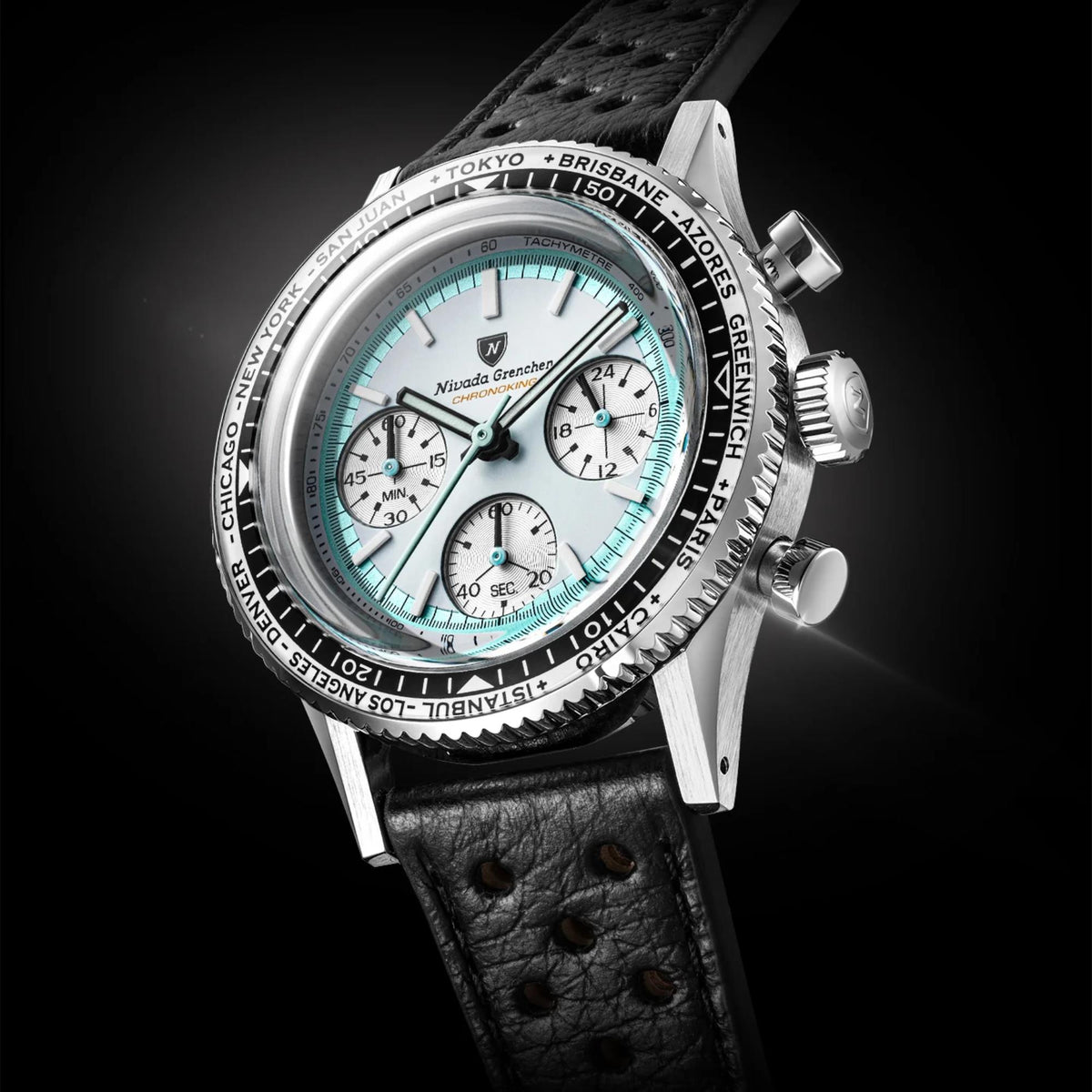 Nivada Grenchen Chronoking white dial watch 87056Q10 with a stainless steel case and a black leather strap, photographed on a dark studio background
