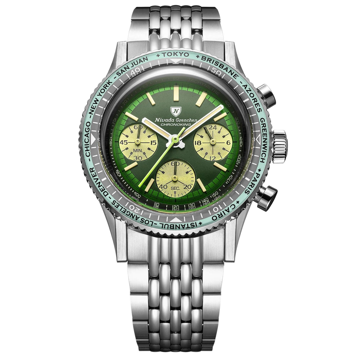 Nivada Grenchen Chronoking meca-quartz watch on a stainless steel beads-of-rice bracelet, featuring a green dial with its subdials and a tachymeter bezel