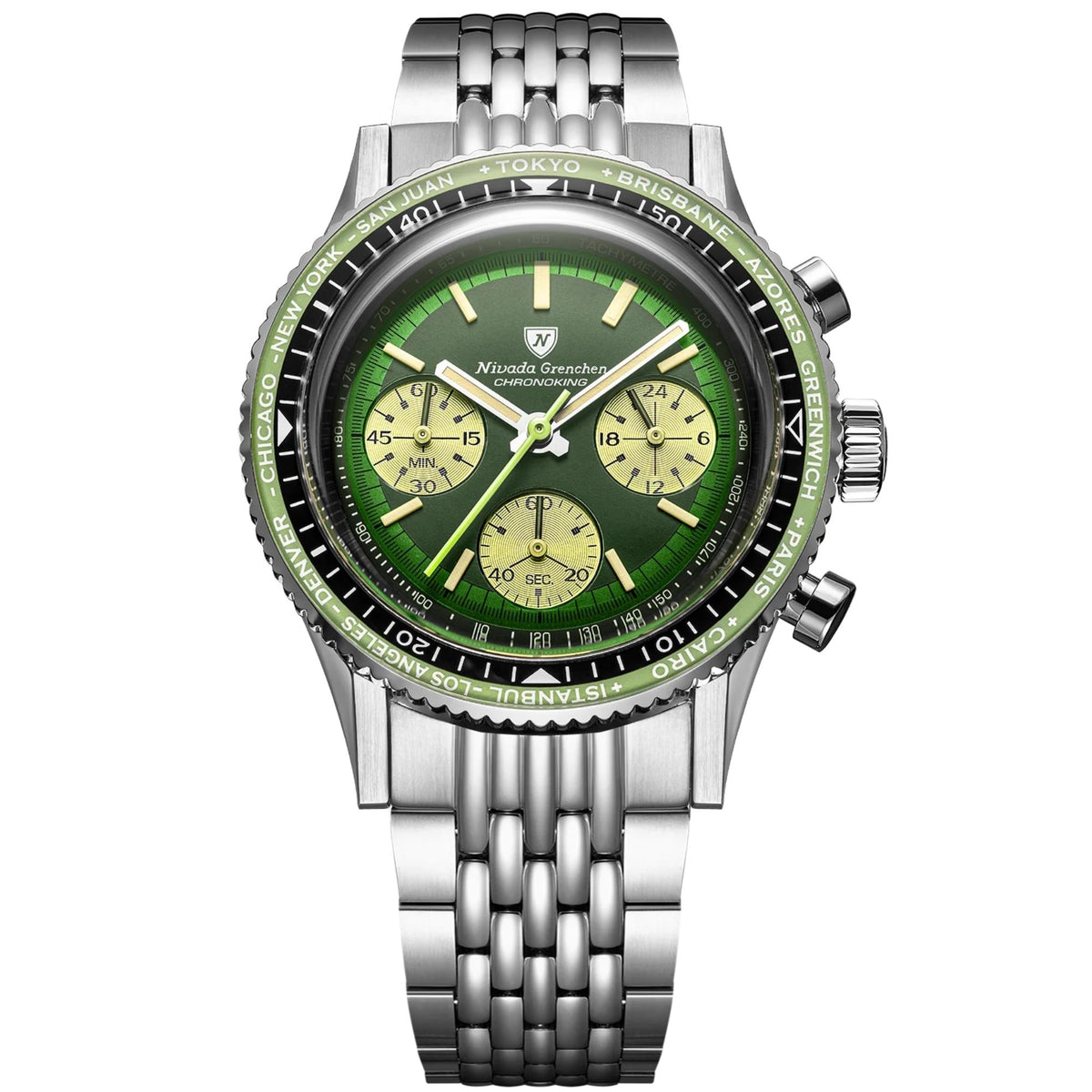 Nivada Grenchen Chronoking watch with a steel bracelet, featuring a green-toned world-time city bezel