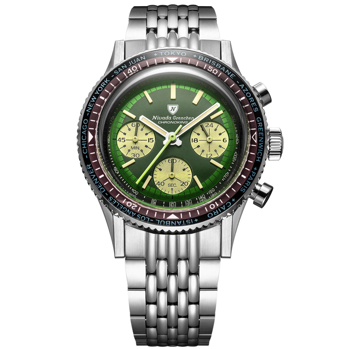 Nivada Grenchen Chronoking watch on a steel bracelet, featuring a tachymeter bezel