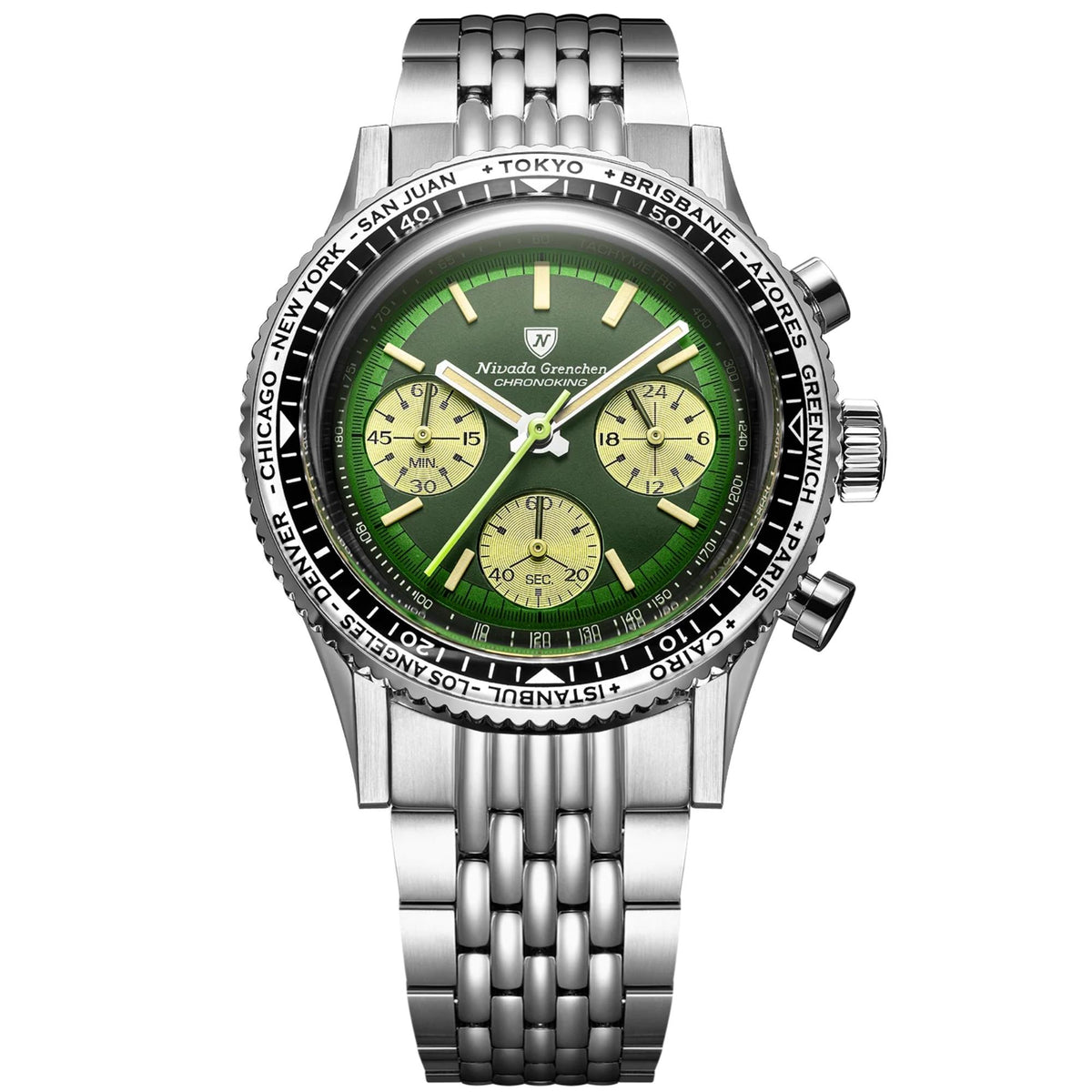 Nivada Grenchen Chronoking green-dial watch on a stainless steel bracelet, featuring a black and silver world-time city bezel