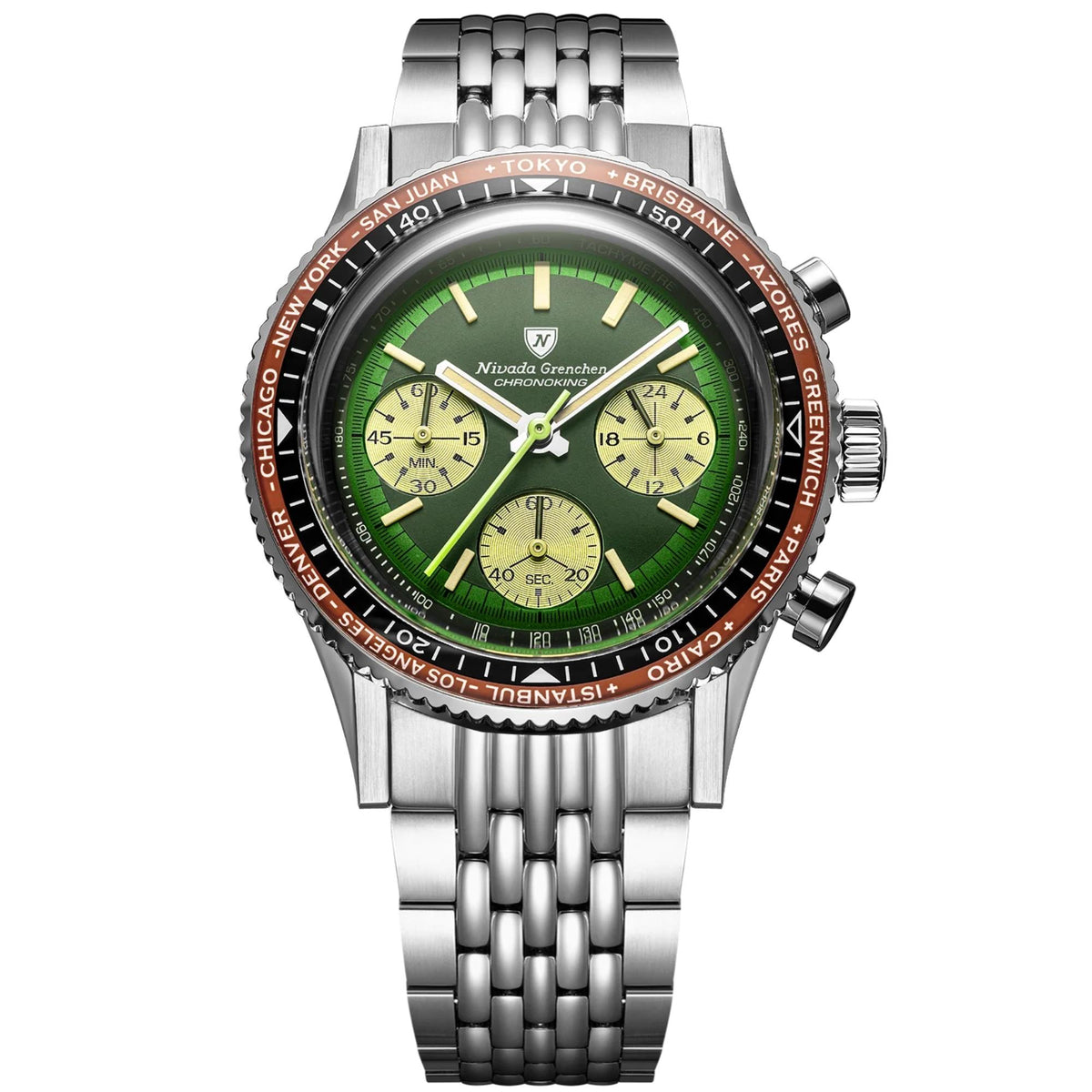 Nivada Grenchen Chronoking wristwatch with a green dial, subdials, a silver-tone link bracelet, and a rotating bezel with city names around the edge