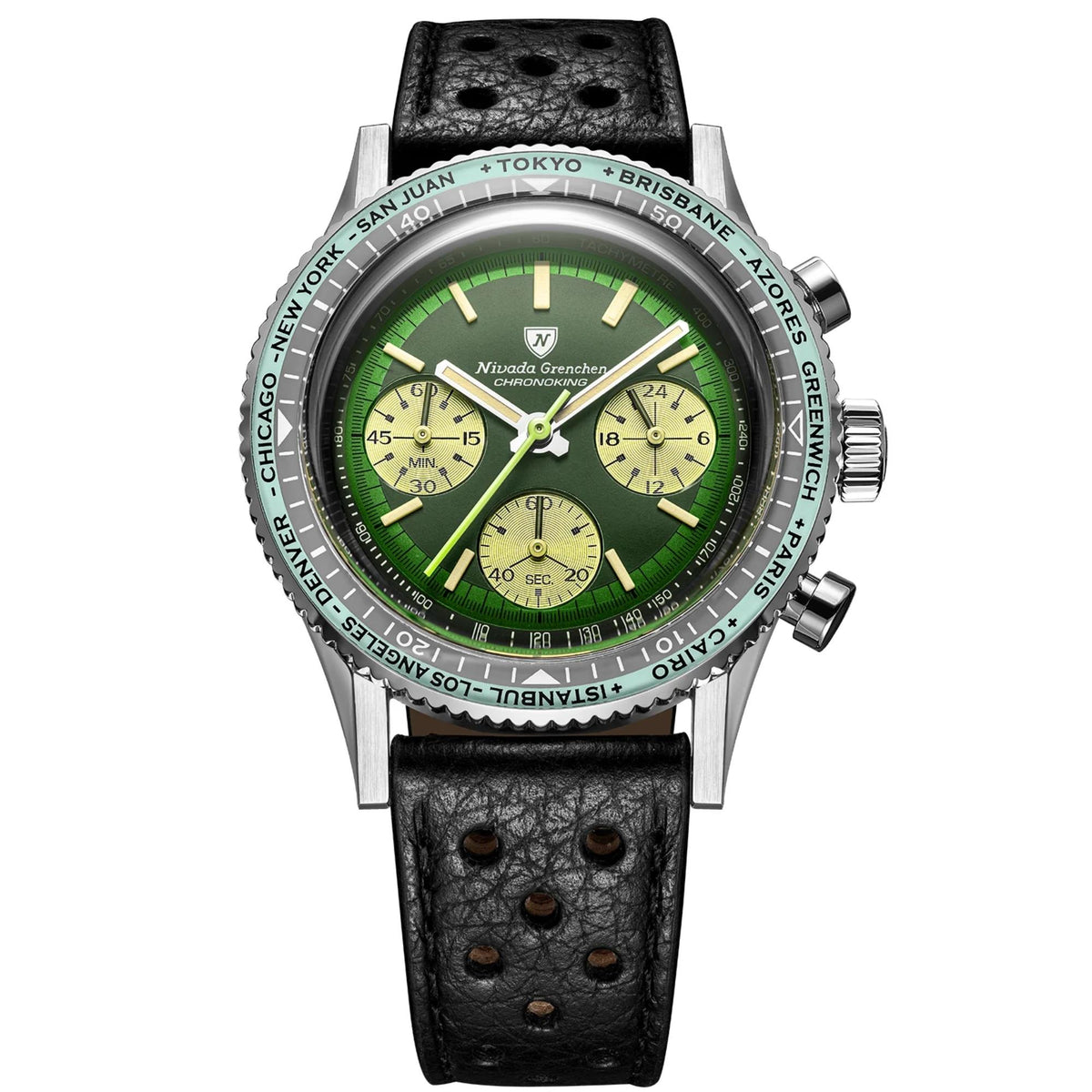 Nivada Grenchen Chronoking Mecaquartz watch featuring its black leather strap, green dial with light yellow subdials and a tachymeter bezels