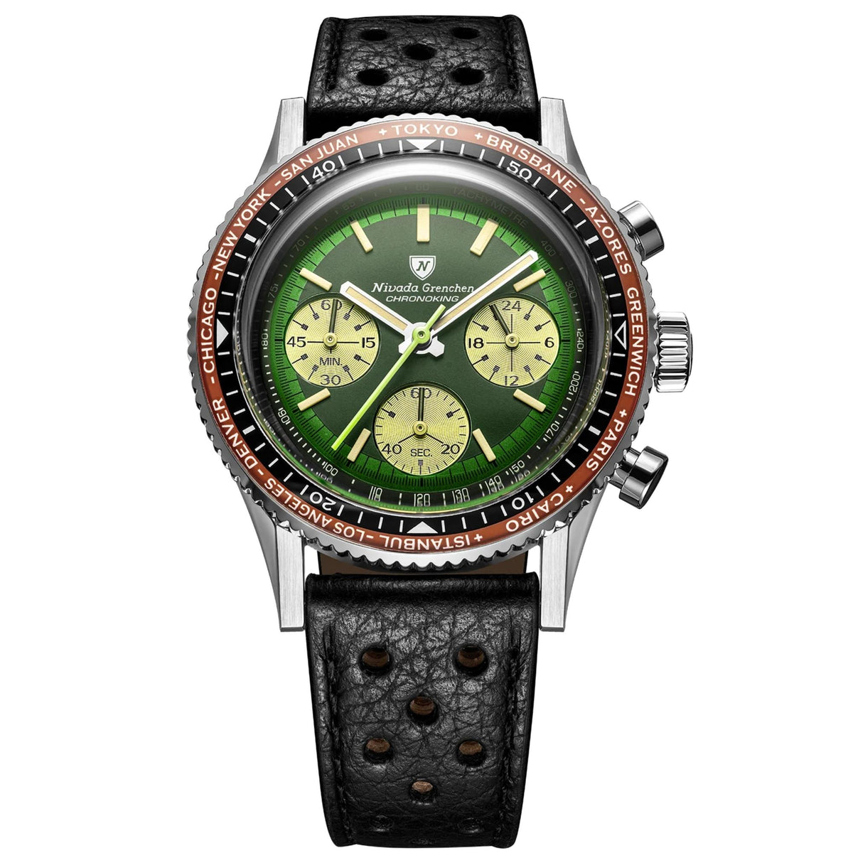 Nivada Grenchen Chronoking green dial watch 87057Q10 fitted with a copper-brown world-time city bezel