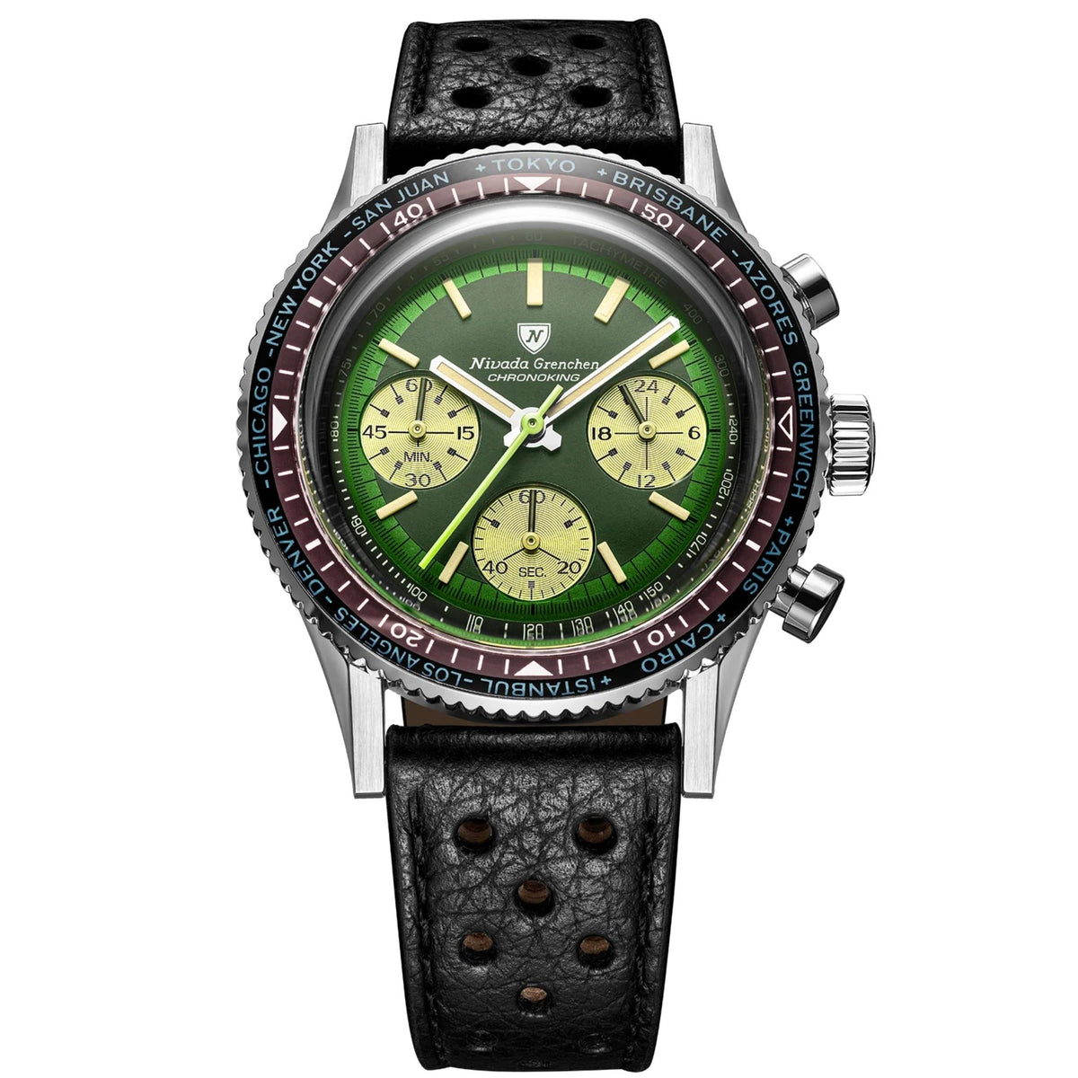 Nivada Grenchen Chronoking watch on a black leather racing strap, featuring a deep burgundy world-time city bezel