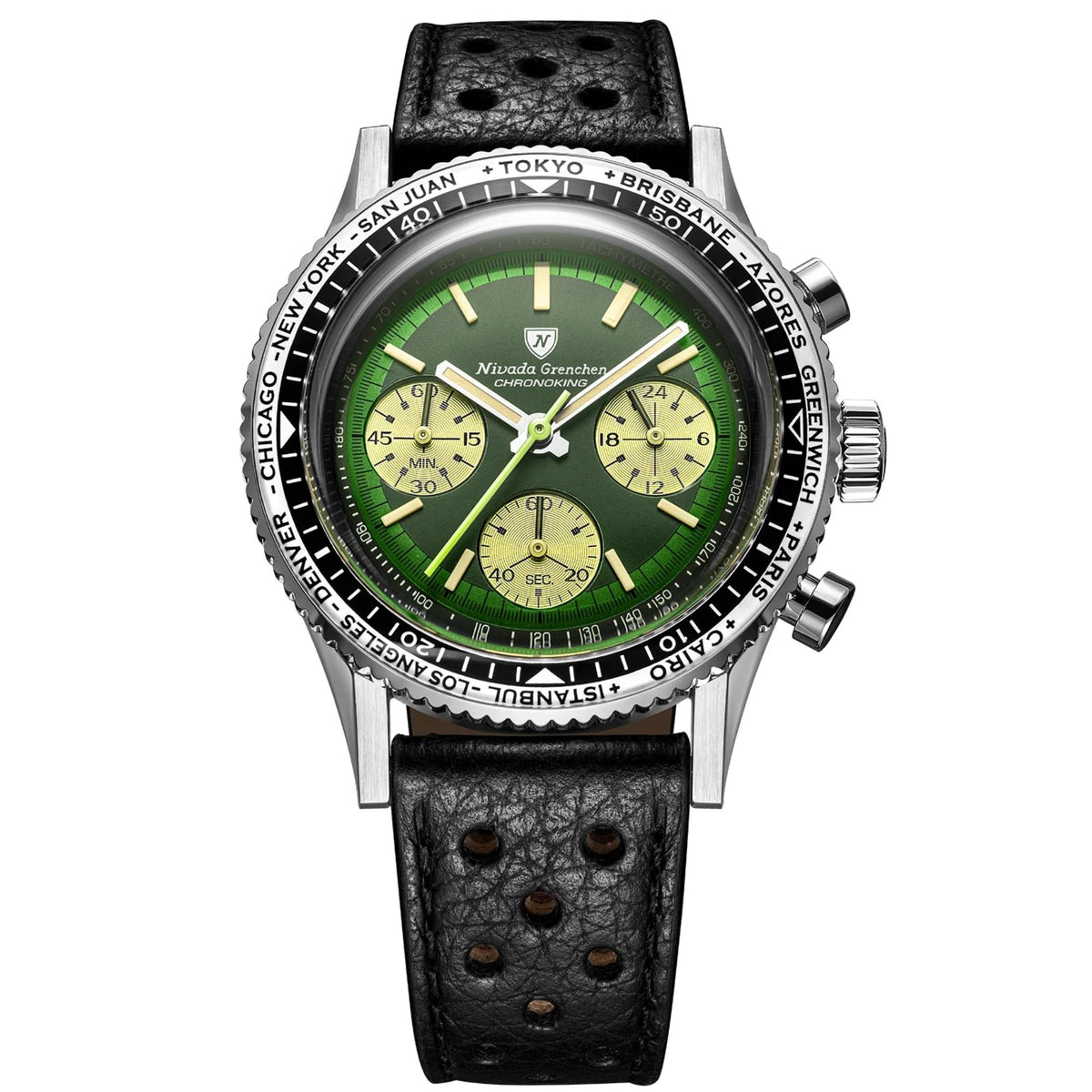 Nivada Grenchen Chronoking watch with a black leather racing strap, featuring a black and silver bezel
