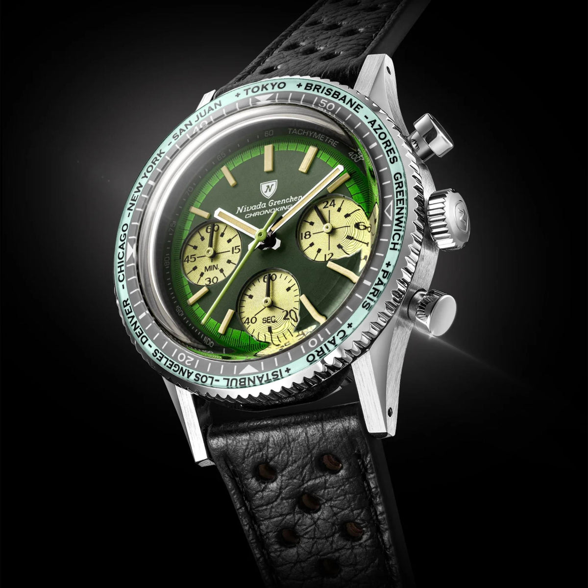 Angled view showing the right profile of the green-dial Nivada Grenchen Chronoking watch with a world-time city bezel against a black background