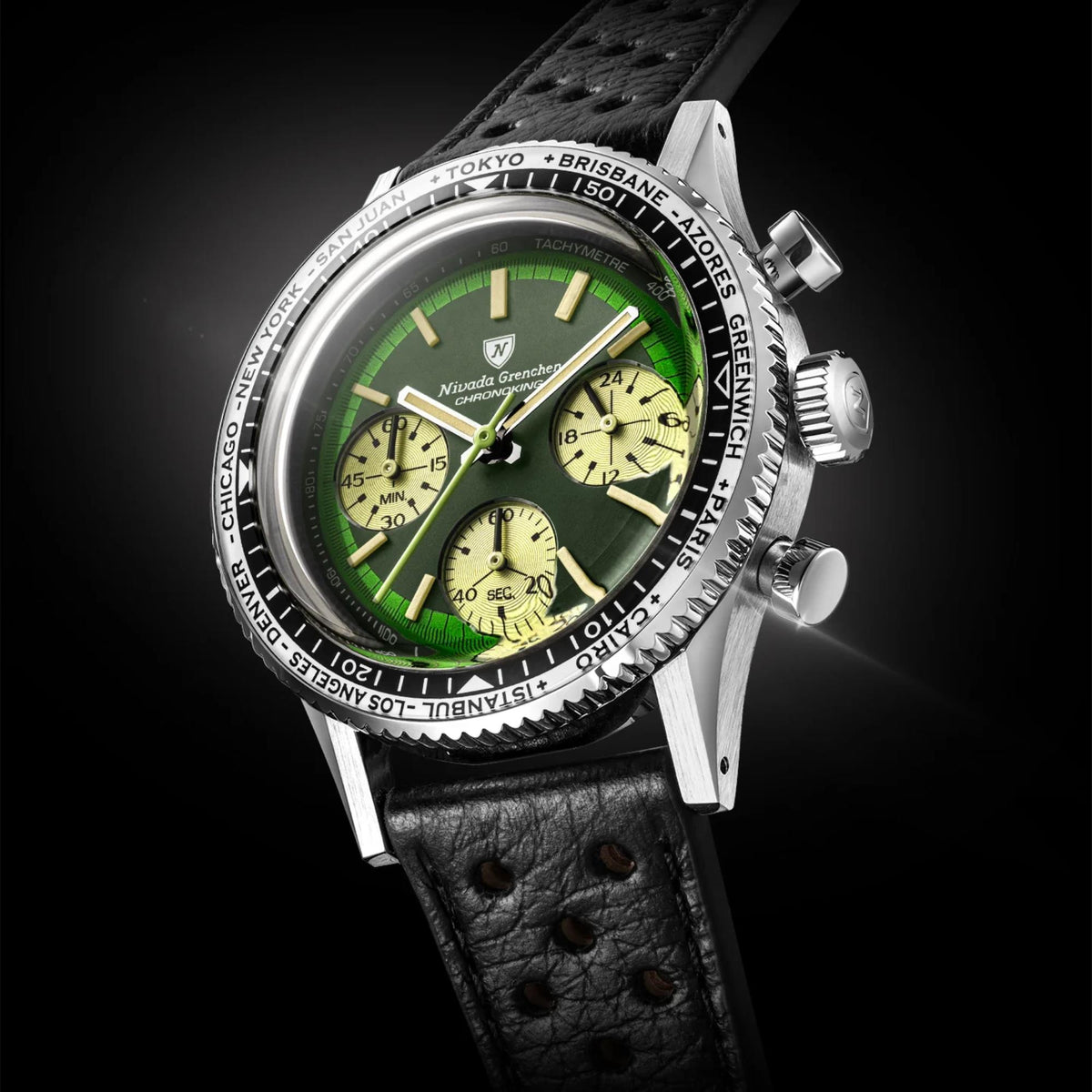 Angled studio shot showing the right profile of the Nivada Grenchen Chronoking green-dial watch with a black-and-silver bezel against a black background