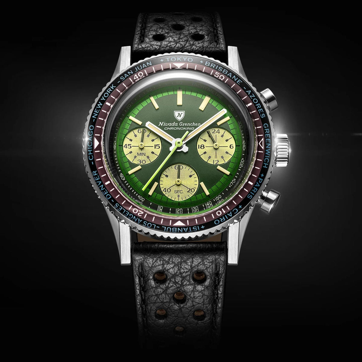 Nivada Grenchen Chronoking watch with a green dial, black leather racing strap, and a deep burgundy world-time city bezel against a black background