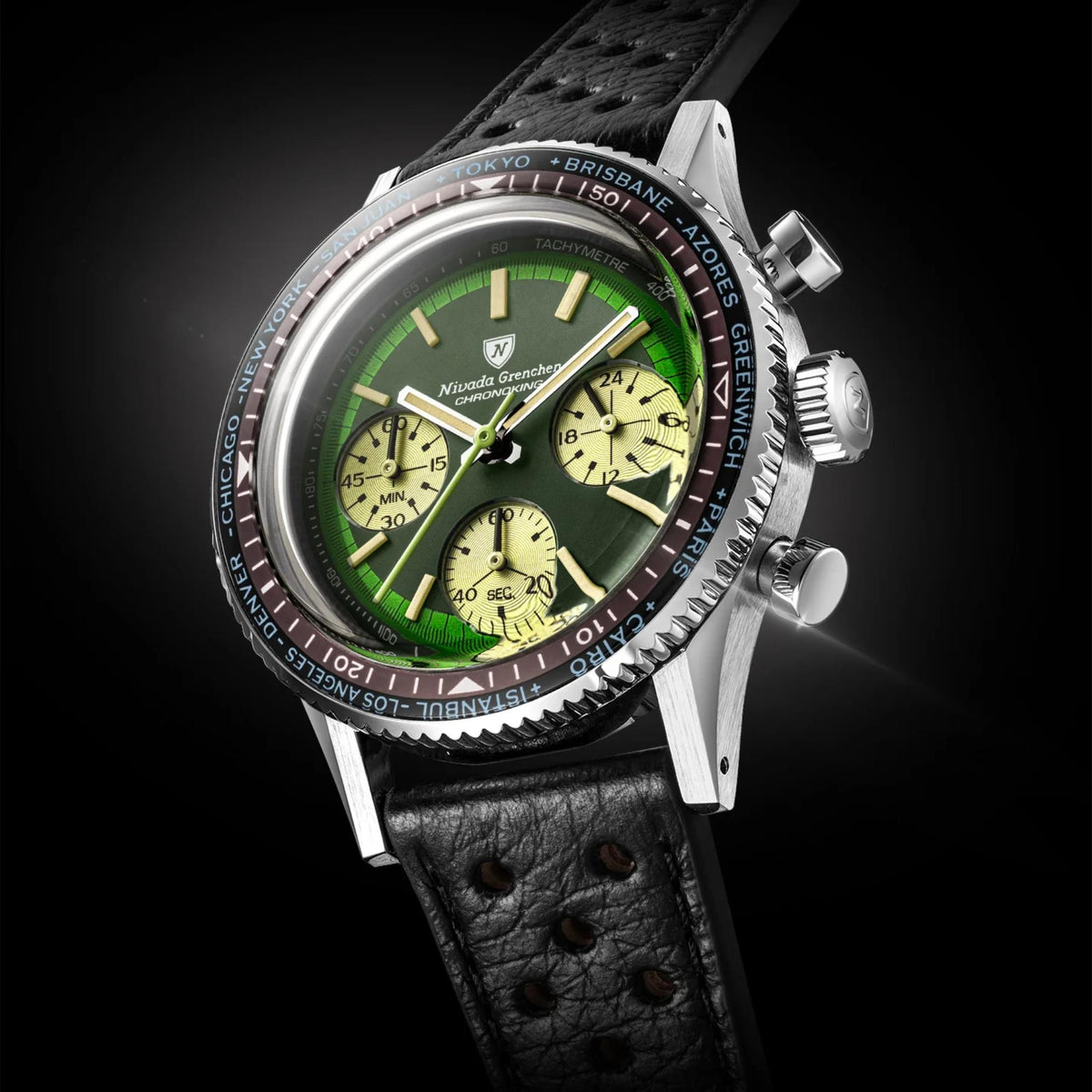 Nivada Grenchen Chronoking 87057Q10 watch with a deep burgundy world-time city bezel against a black background