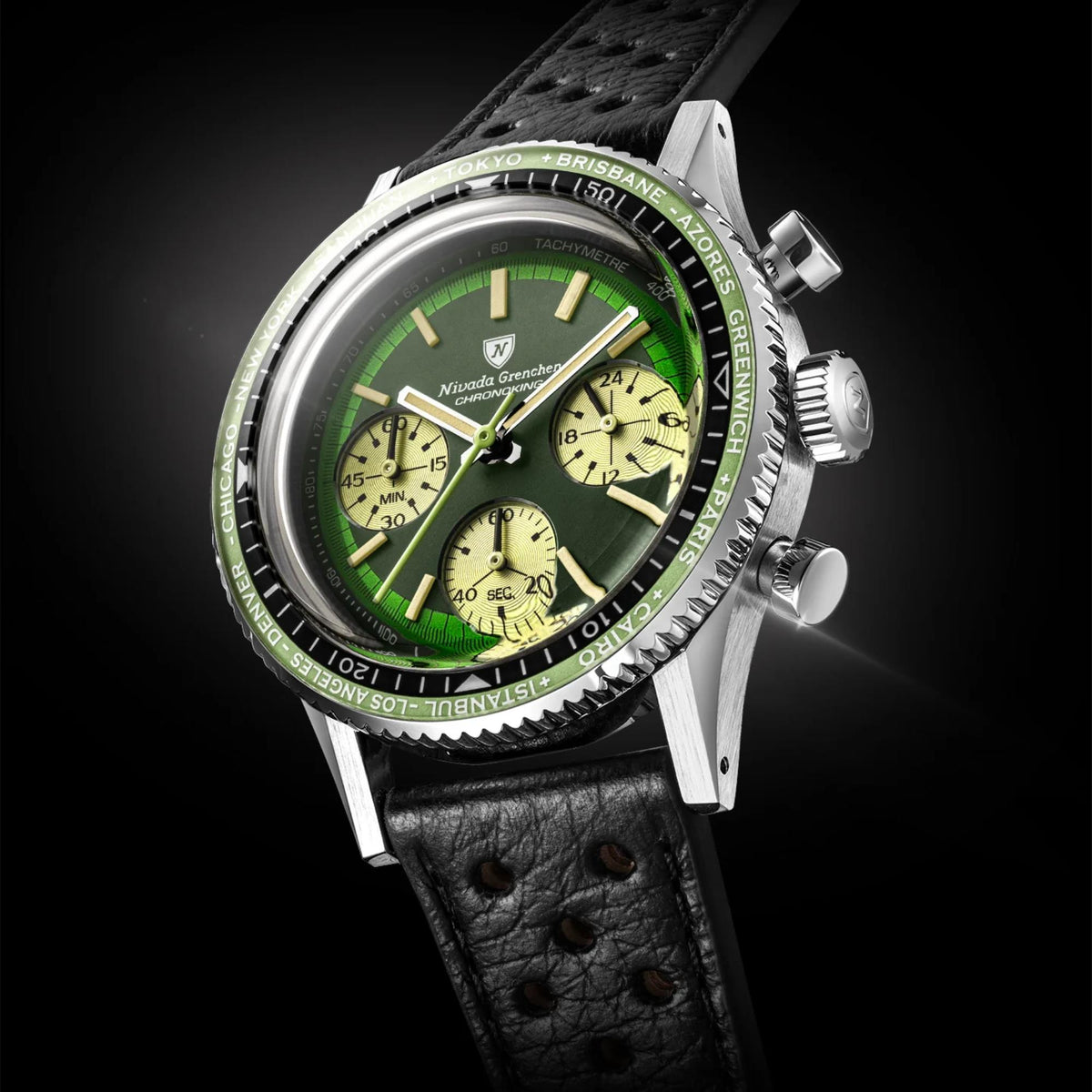 Angled studio shot showing the right profile of the green-dial Nivada Grenchen Chronoking watch with a green world-time city bezel against a black background