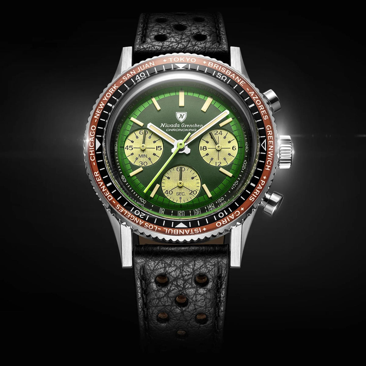 Nivada Grenchen Chronoking watch with a green dial, black leather racing strap, and a copper-brown world-time city bezel against a black background