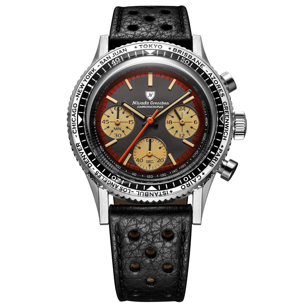 Nivada Grenchen Chronoking 87055Q10 watch with a textured black dial and black leather strap is showcased against a white background