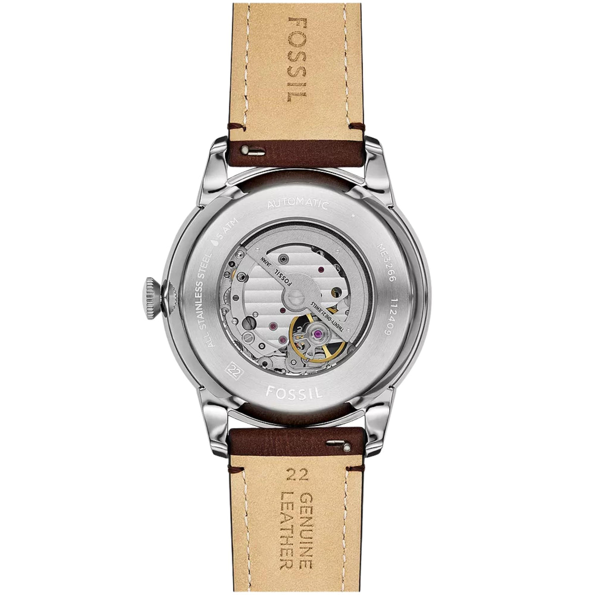Exhibition case back view of the Fossil Townsman ME3266 watch detailing the internal automatic mechanical movement.