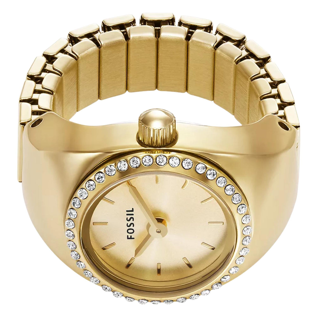 Top perspective of the Fossil Watch Ring ES5319 displaying the gold dial, two-hand analog display, crystal bezel trim, and gold expansion strap