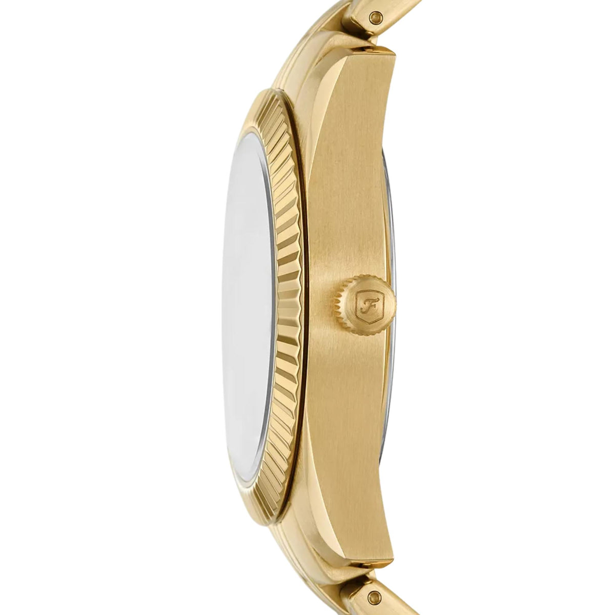 Side profile of the Fossil Scarlette ES5338 quartz watch highlighting the fluted bezel and engraved gold-tone adjustment crown