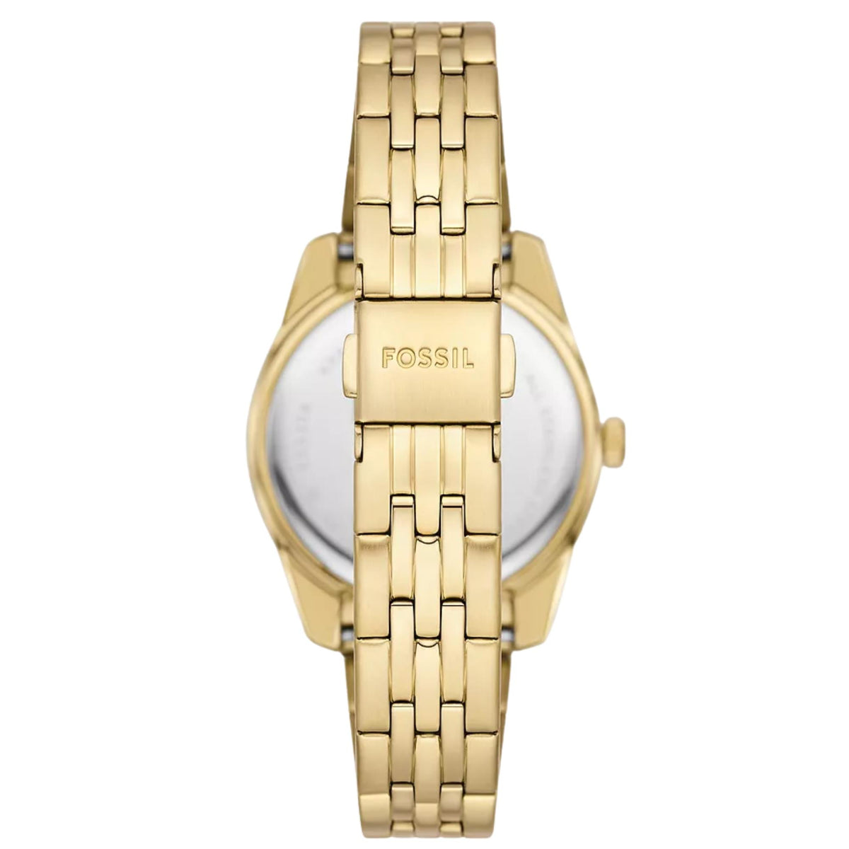 Rear view of the Fossil Scarlette ES5338 wrist watch displaying the gold-tone link band, stainless steel case back, and branded deployment buckle