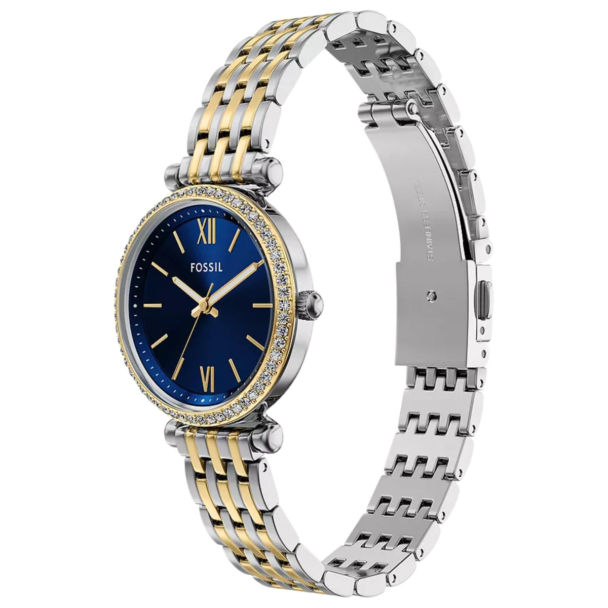Women’s quartz watch with blue dial, gold trim, and linked steel/gold-tone bracelet