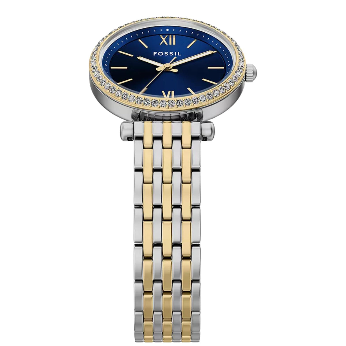 Blue dial quartz watch with gold-tone bezel stones and two-tone steel bracelet