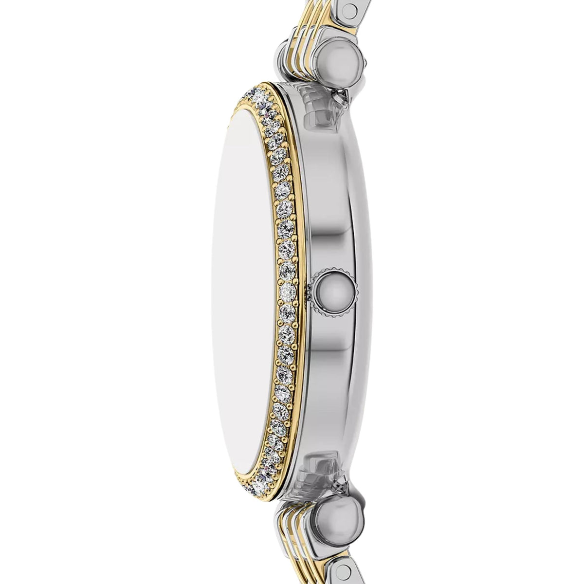 Two-tone quartz watch case with jeweled bezel detail and round crown