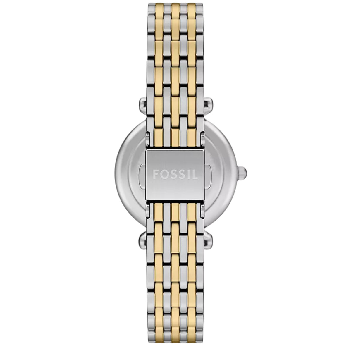 Back view of two-tone steel ladies quartz watch with bracelet clasp