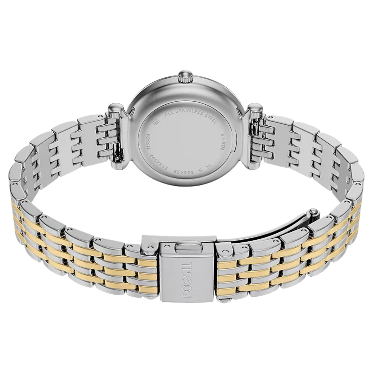 Two-tone steel watch back with engraved case and linked bracelet