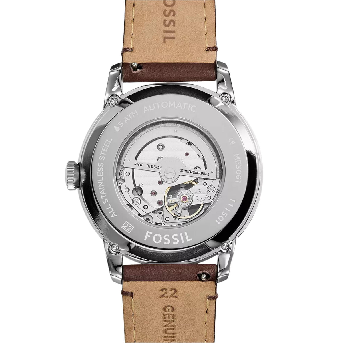 Exhibition case back view of the Fossil Townsman ME3061 watch detailing the internal automatic mechanical movement