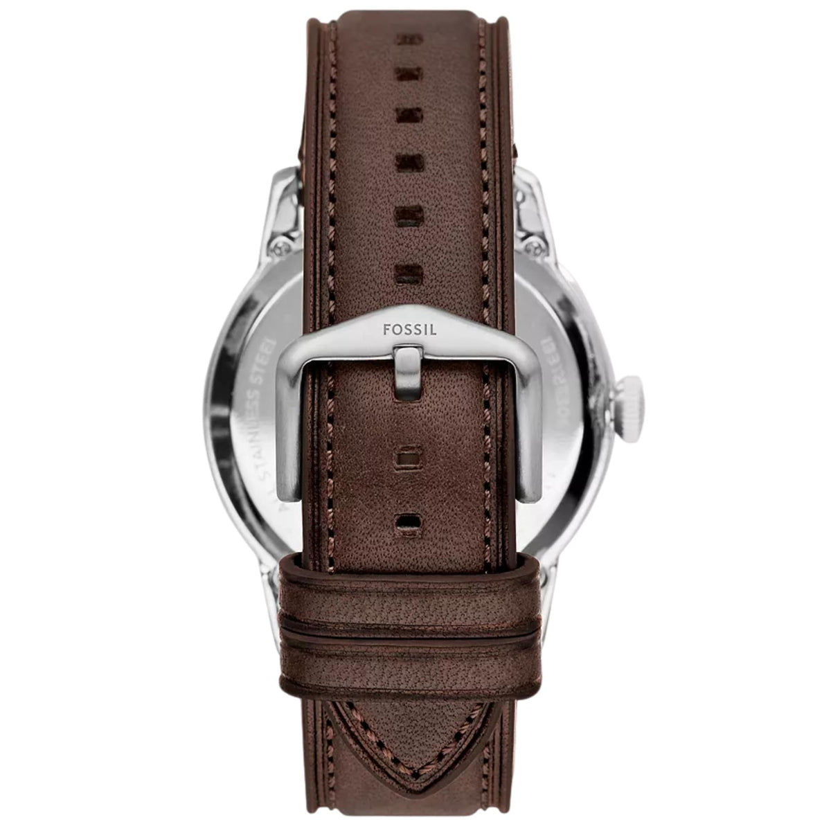 Rear view of the brown leather band and silver pin buckle on the Fossil Townsman ME3061 automatic watch
