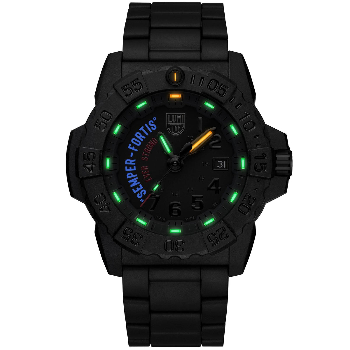 Luminox Navy SEAL XS.3515.N front display showing illuminated night vision markers on black dial