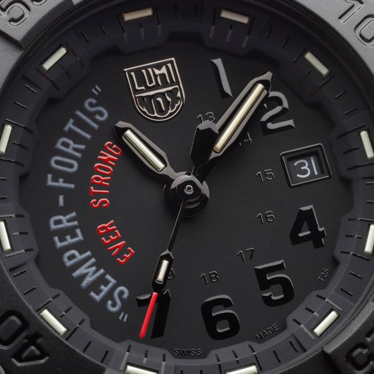 Luminox Navy SEAL XS.3515.N extreme close-up view of black dial featuring Semper Fortis text detail