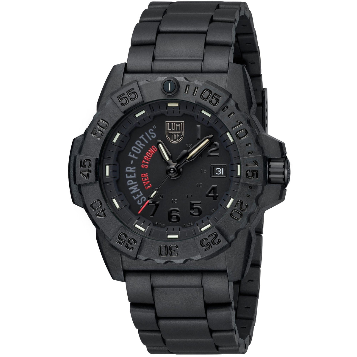 Luminox Navy SEAL XS.3515.N three-quarter angle view showing black dial display and Carbonox bezel profile
