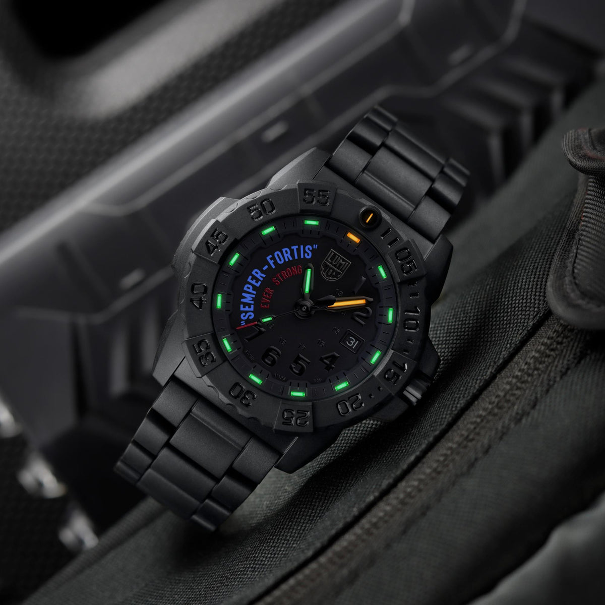 Luminox Navy SEAL XS.3515.N angled display view highlighting glowing hour markers on black dial