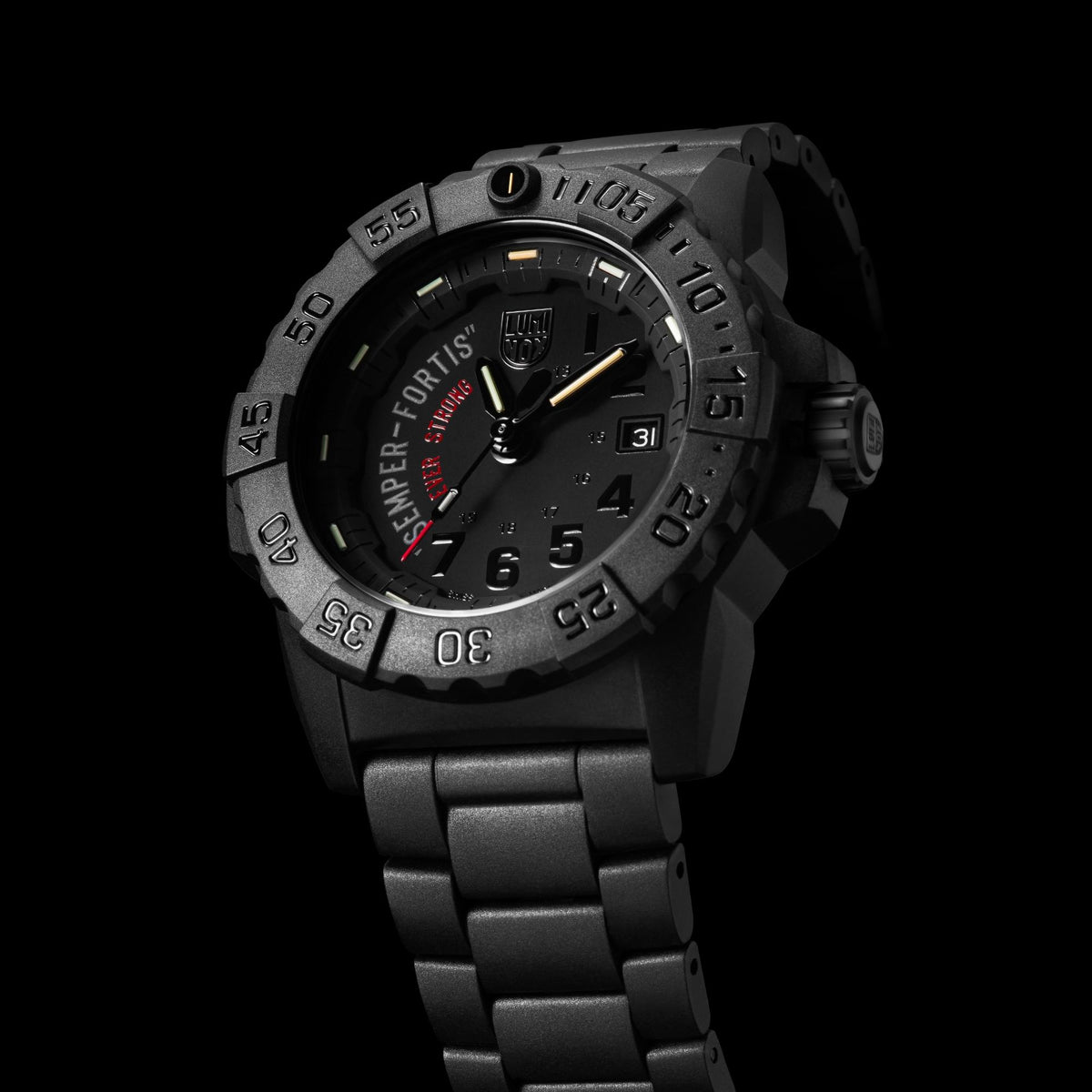Luminox Navy SEAL XS.3515.N three-quarter view highlighting knurled crown profile and black Carbonox case