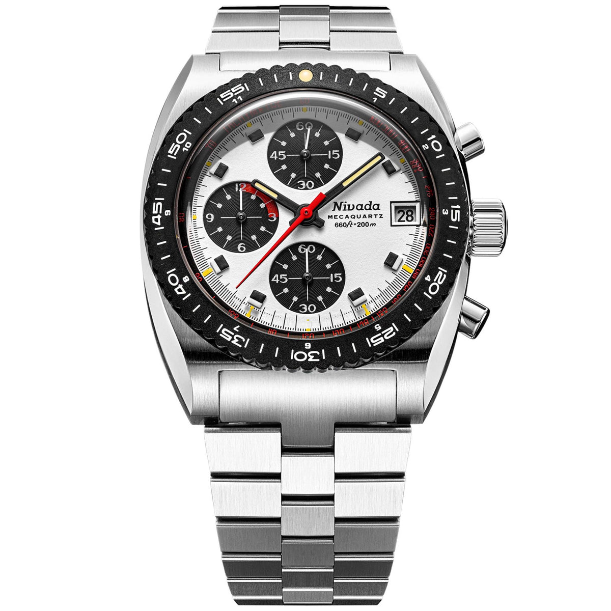 Nivada Grenchen Autochron Mecaquartz 77006Q45 mens watch with white dial, black subdials, and stainless steel bracelet