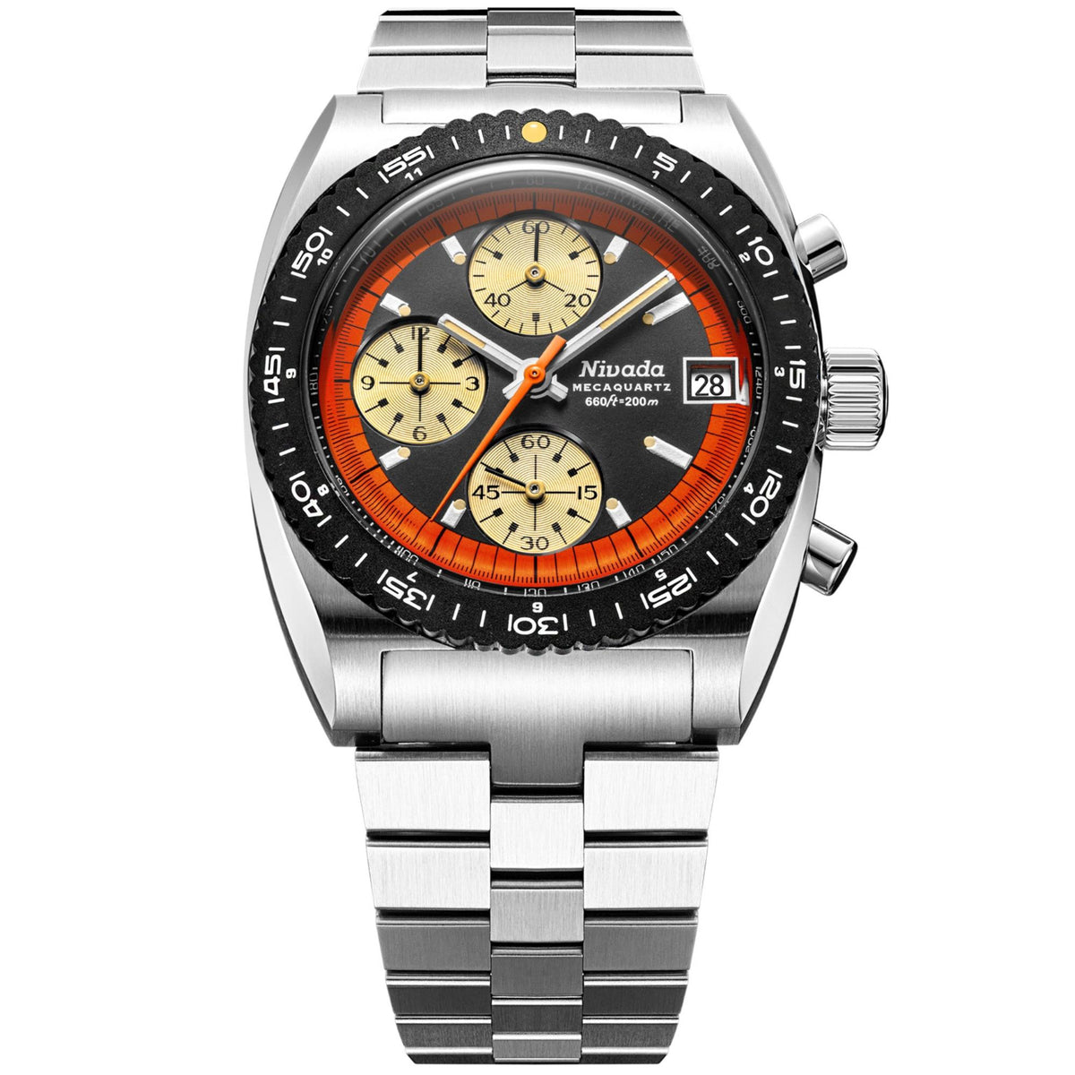 Nivada Grenchen Autochron Mecaquartz 77004Q45 mens watch with black dial, orange chapter ring, and stainless steel bracelet