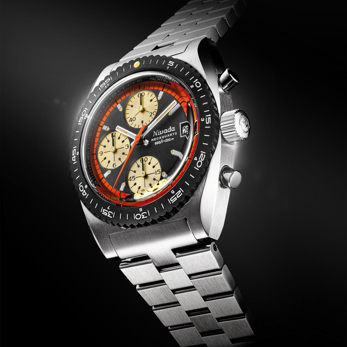 Side angle of Nivada Grenchen Autochron Mecaquartz 77004Q45 mens timepiece showing a black dial with an orange outer ring and stainless steel bracelet