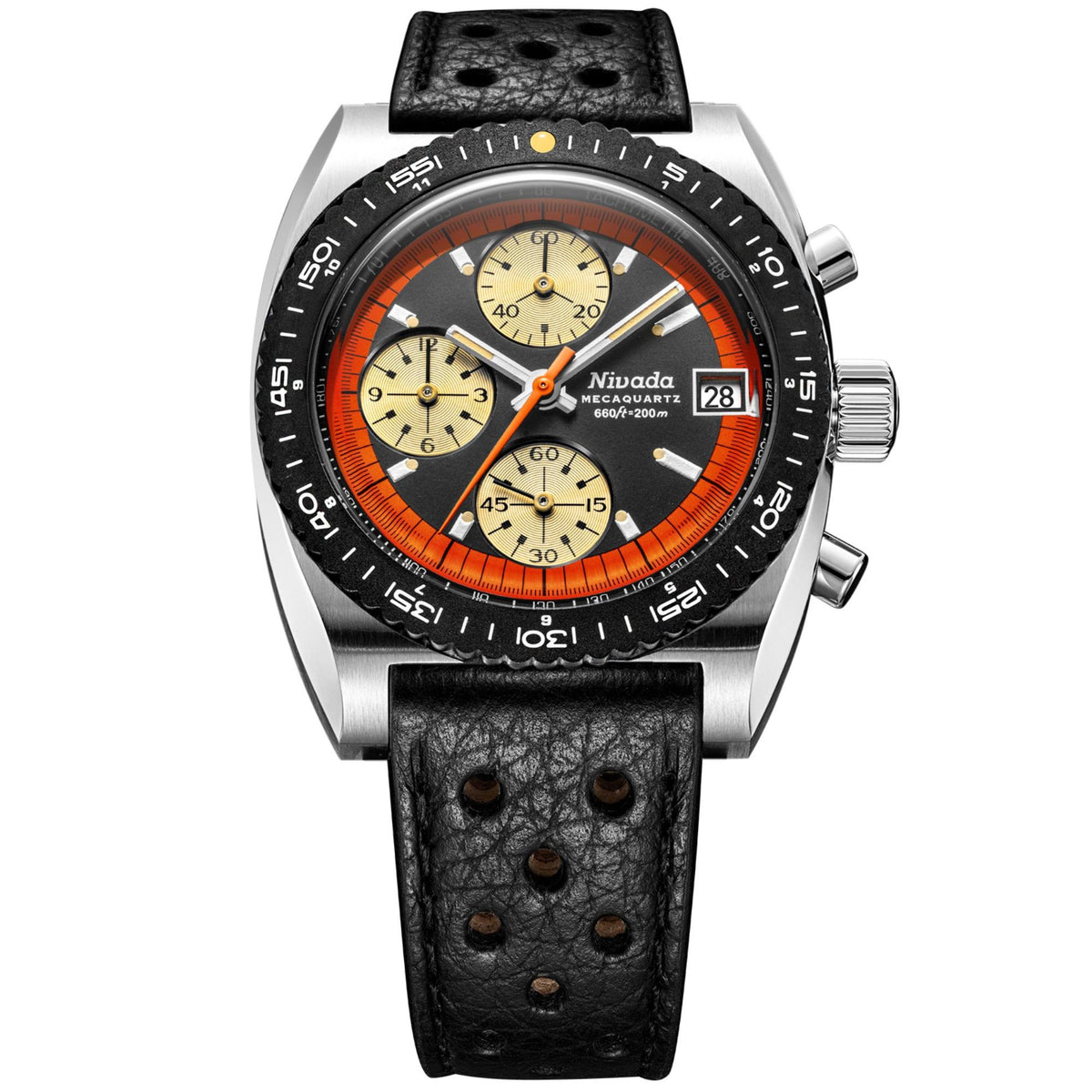 Nivada Grenchen Autochron Mecaquartz 77004Q10 mens watch showcasing a black dial with a black perforated racing leather strap