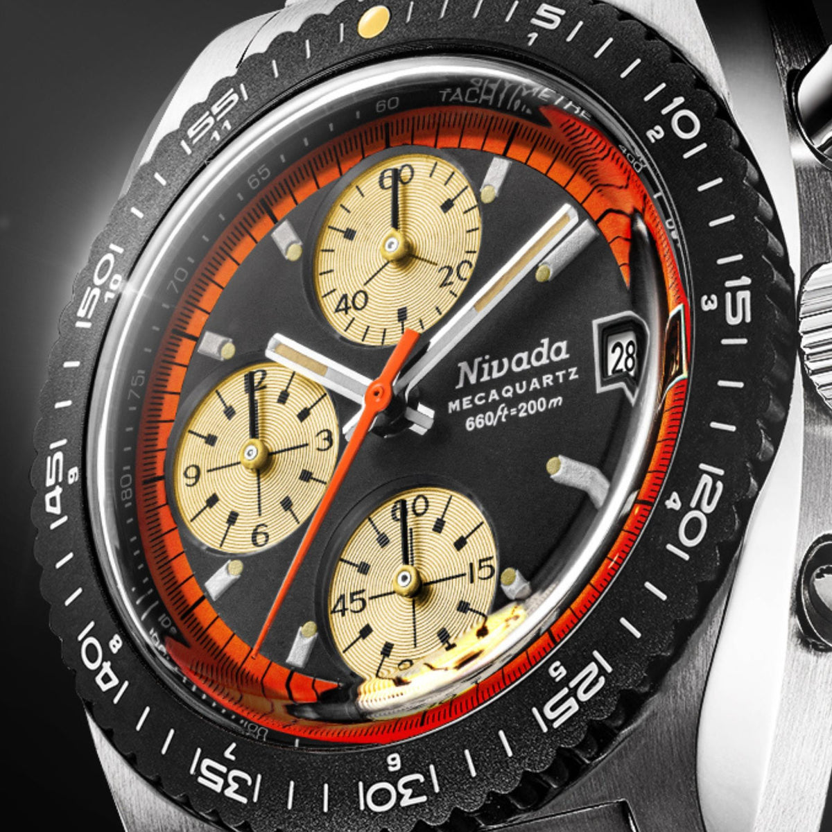 Perspective view of Nivada Grenchen Autochron Mecaquartz 77004Q10 mens chronograph timepiece highlighting the black dial and orange outer ring