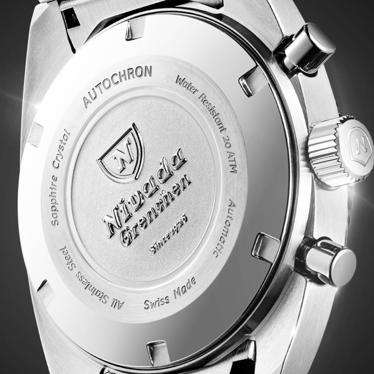 Rear aspect of Nivada Grenchen Autochron Mecaquartz 77004Q10 mens watch featuring engraved stainless steel case back