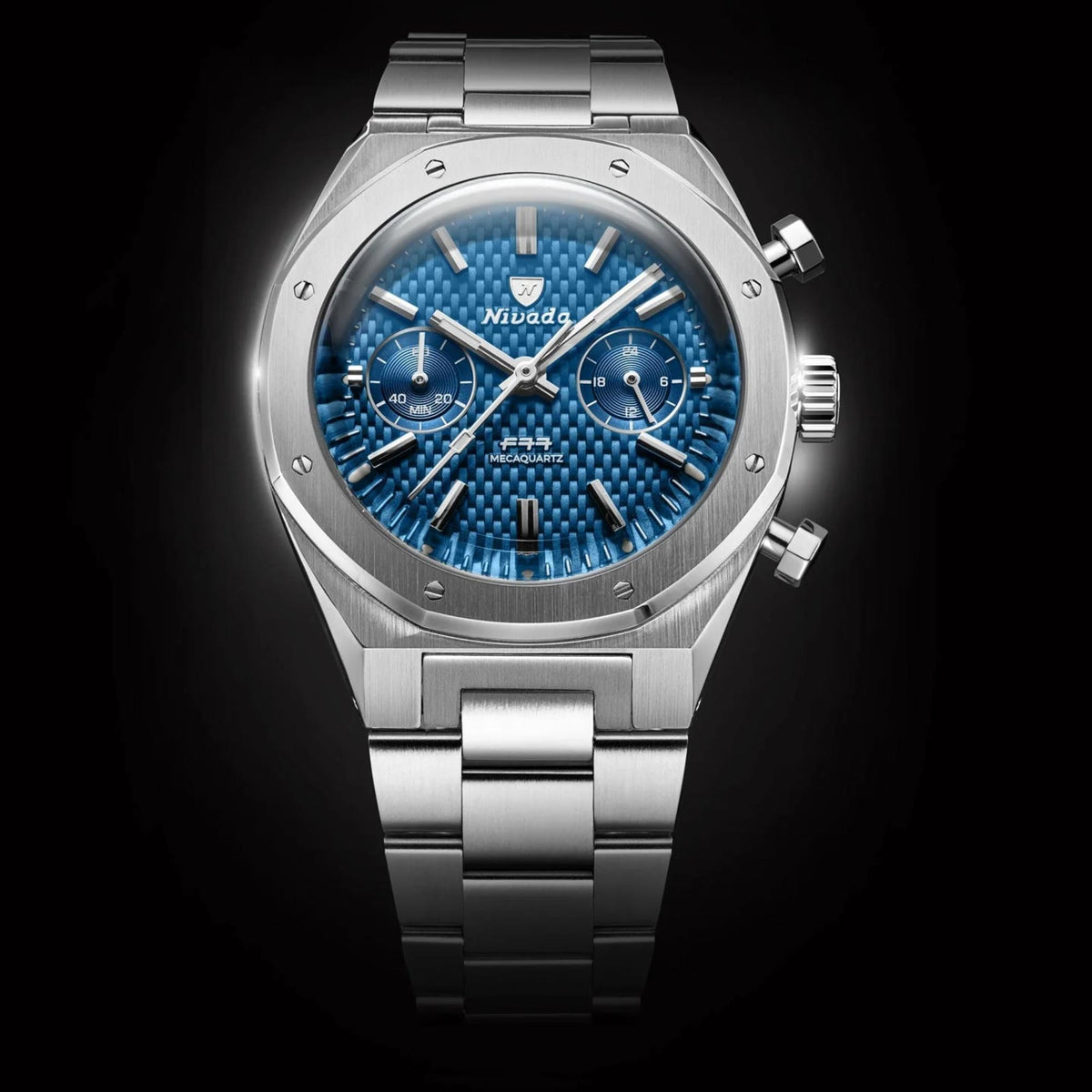 Nivada Grenchen men's steel chronograph wristwatch with blue textured dial and subdials