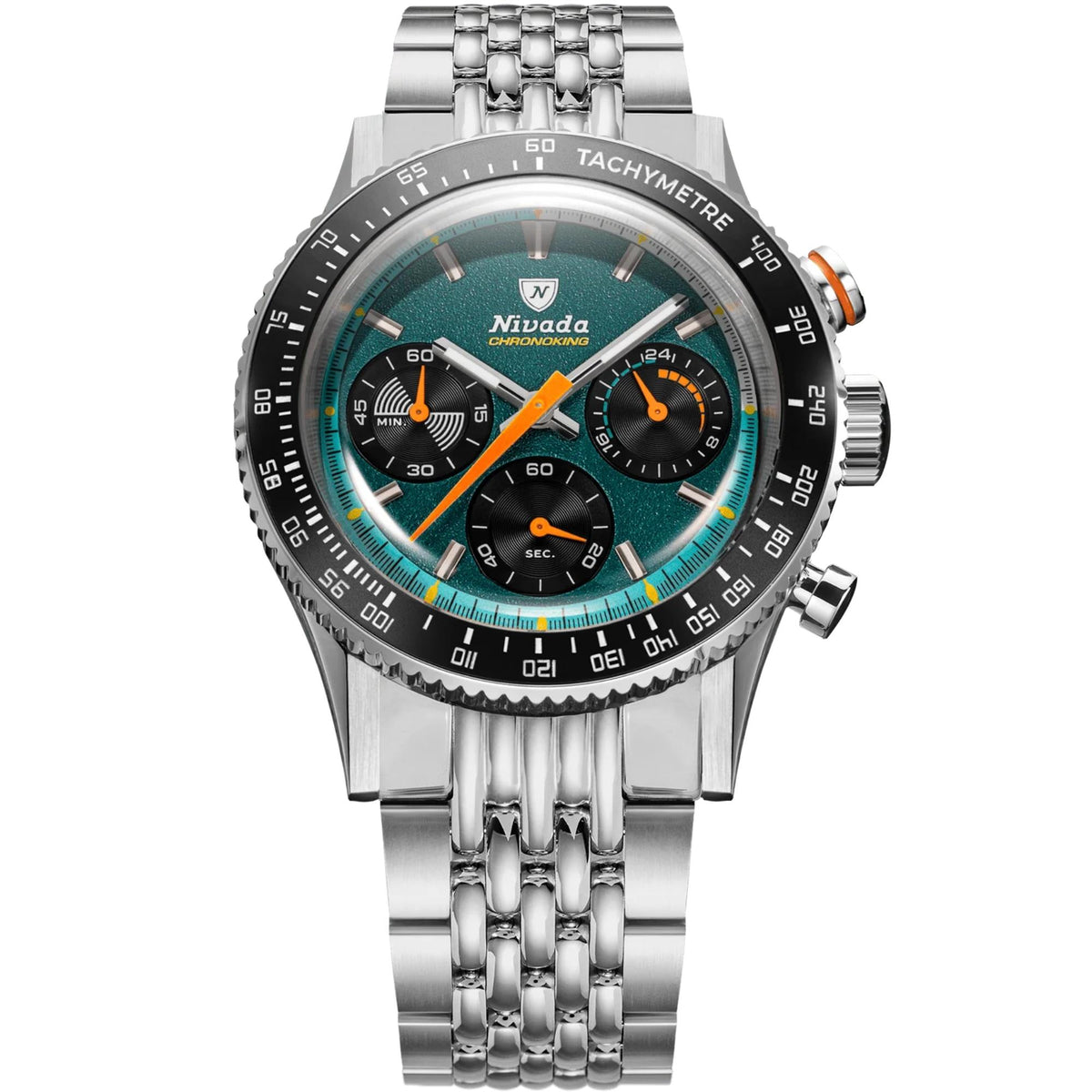 Men's steel chronograph quartz watch, green dial with three subdials and orange hands