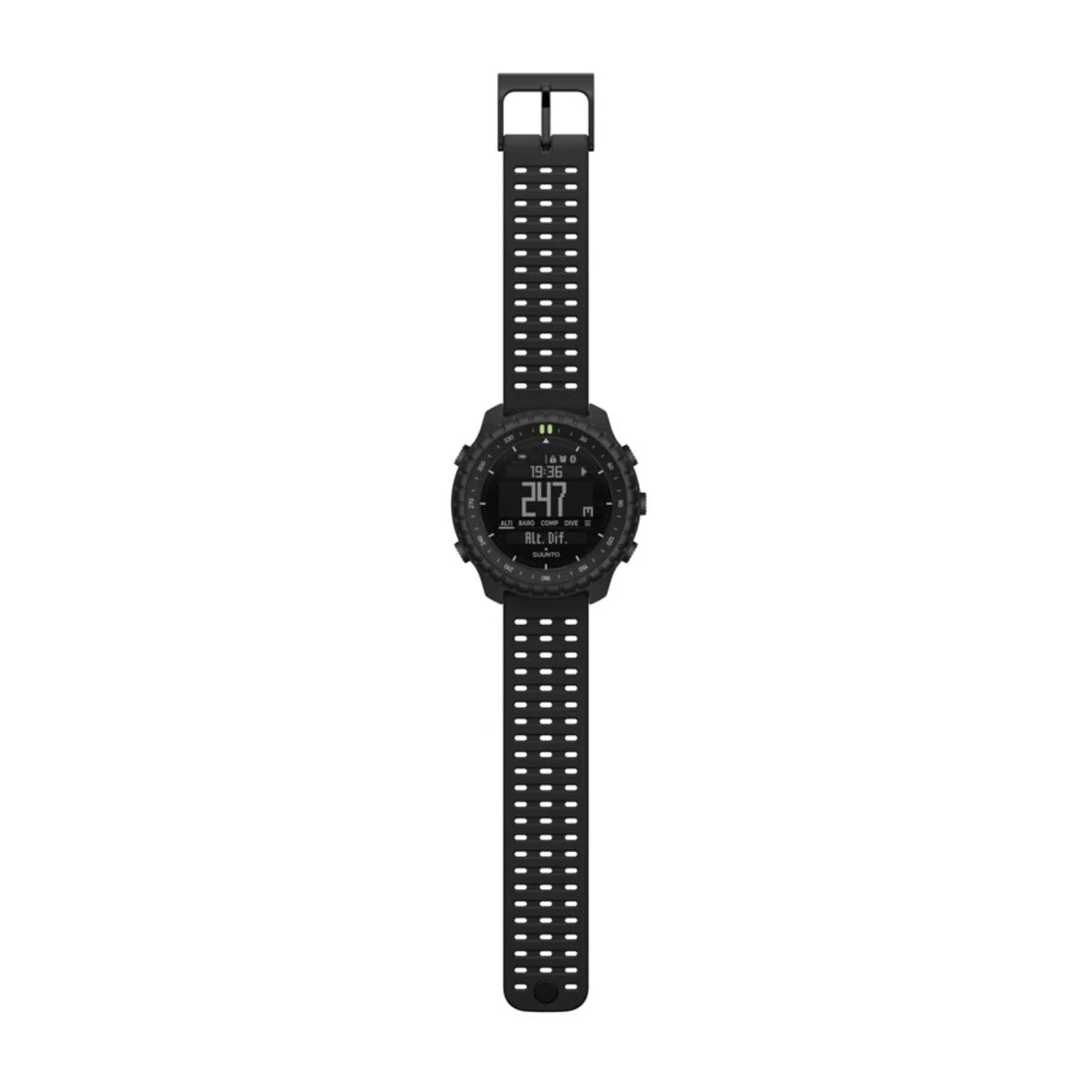 Black digital watch with perforated silicone strap, front display centered on case