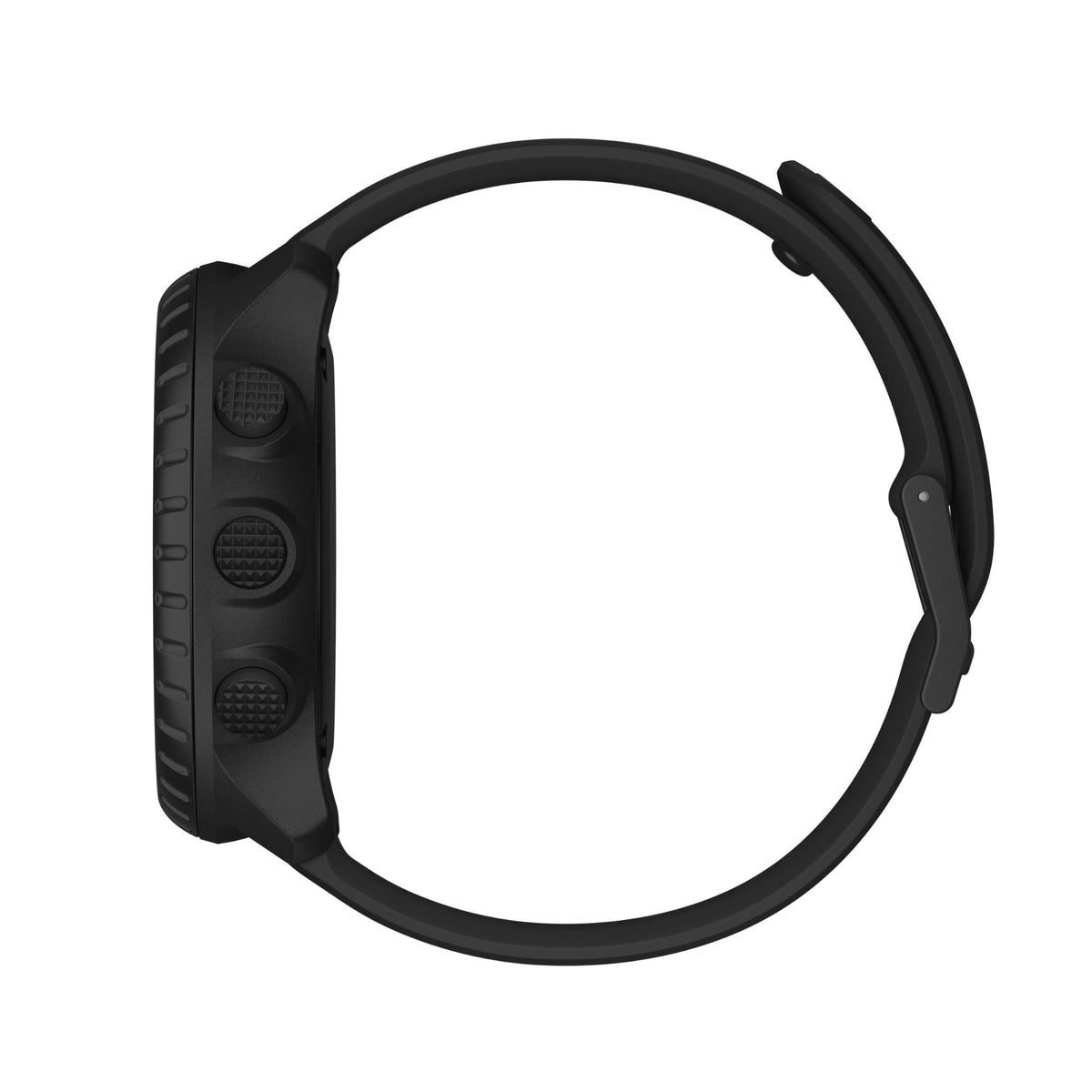 Black silicone watch strap and rugged case side, showing bezel buttons and crown