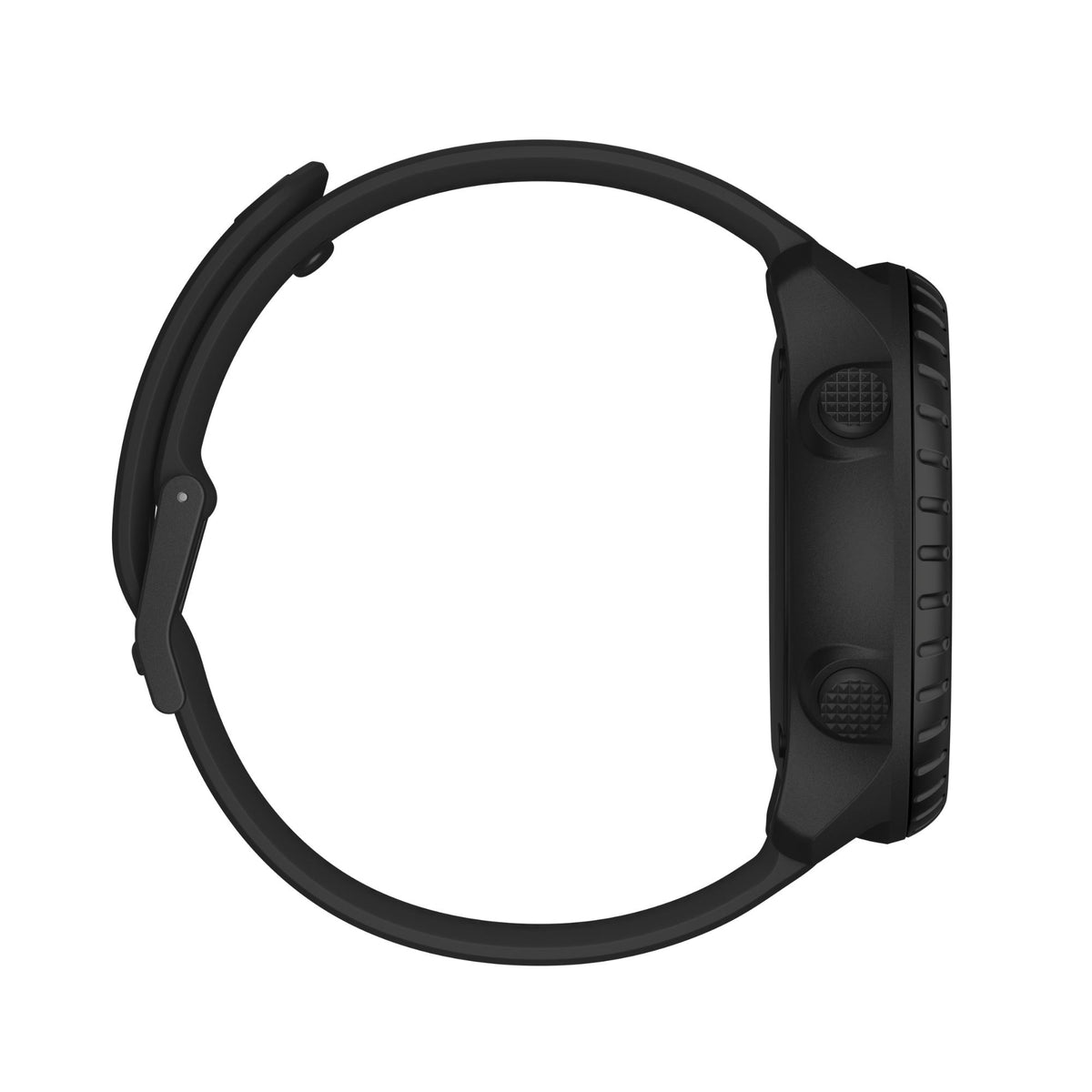 Black rugged watch case profile with silicone strap and side controls