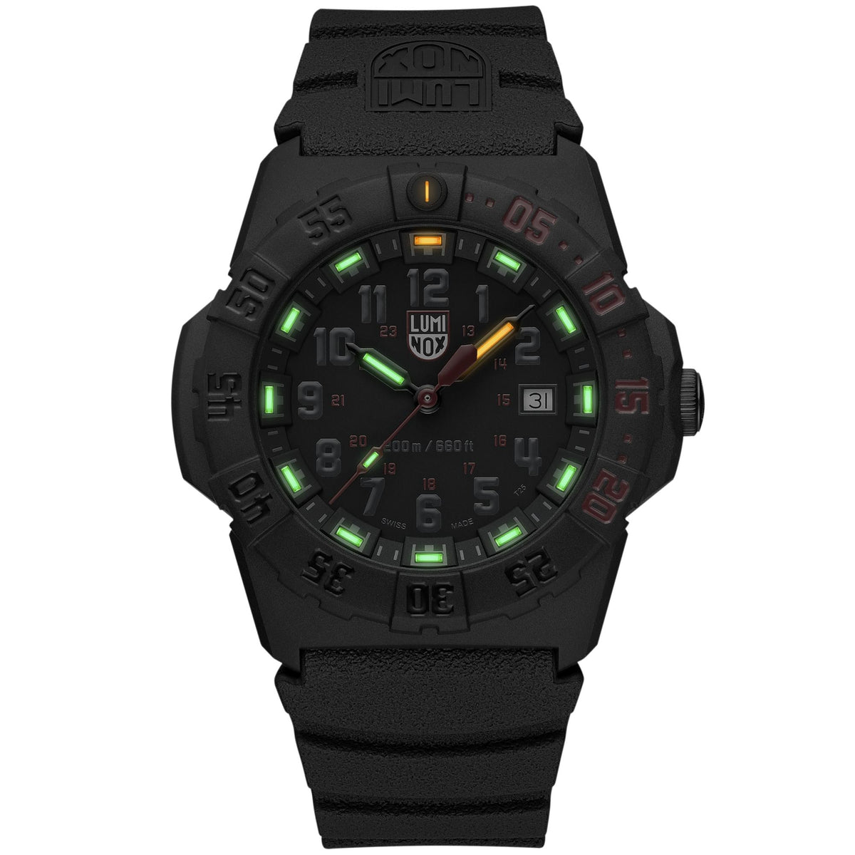 Luminox Navy SEAL 3550 Series XS.3565 front view displaying night vision illumination on black dial and bezel