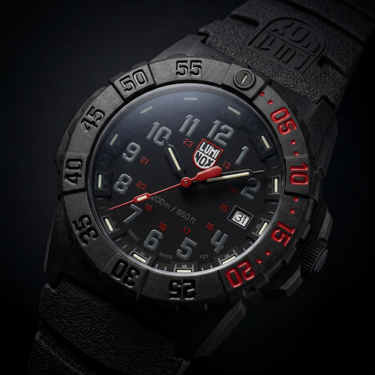 Luminox Navy SEAL 3550 Series XS.3565 dramatic close-up showing black dial details, red accents, and rubber strap